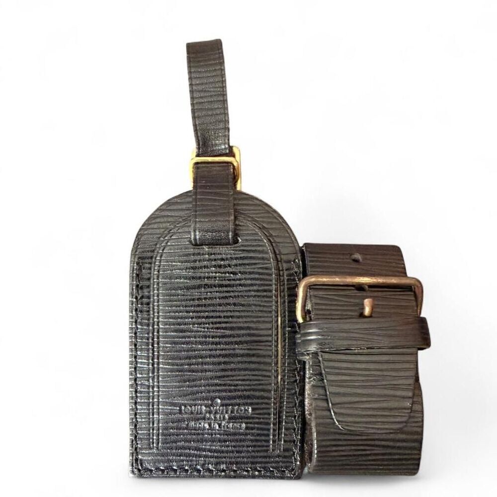 Louis Vuitton Black Epi Leather Luggage Tag & Strap Set Gold Made in France